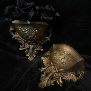 Set(2)Ornate 70's Gold Syroco/Homco Wall Pockets, Hollywood Regency, Victorian